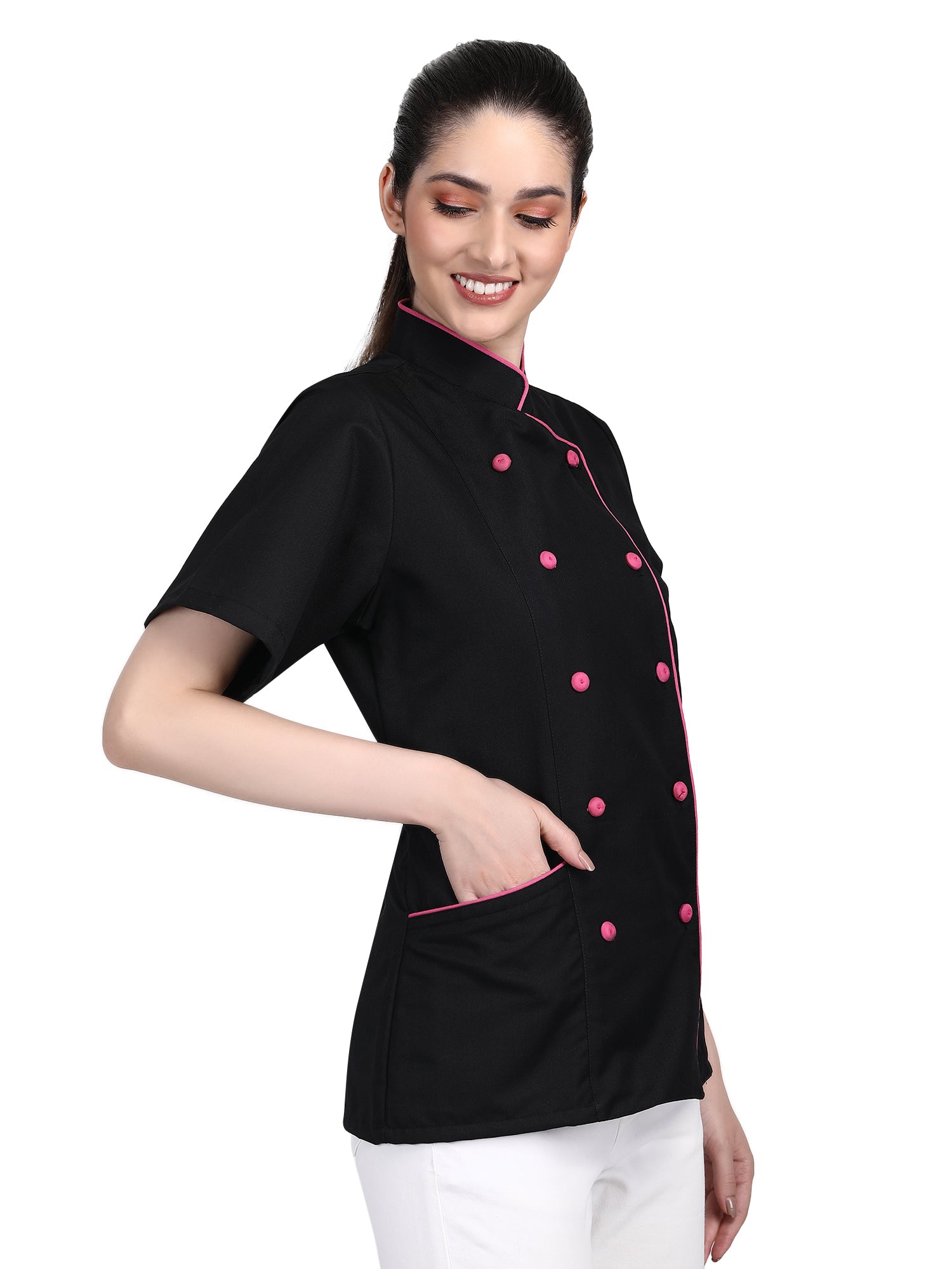 Long Sleeves Men women Kitchen Chef jacket coat Uniform costume for Food service Caterers and Culinary professional – Black Pink